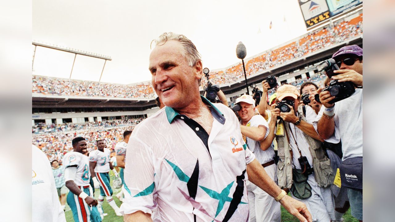 Miami Dolphins coach Don Shula is congratulated at the finish of the  perfect season on Dec. 16, 1972 against the Baltimore Colts. (Photo by  Miami Herald file photo/TNS/Sipa USA Stock Photo 