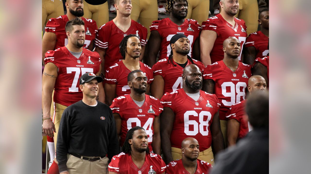 San Francisco 49ers - The 49ers equipment staff added Super Bowl XLVII  patches to the red home jerseys the team will be wearing in their matchup  with the Baltimore Ravens. VIDEO: