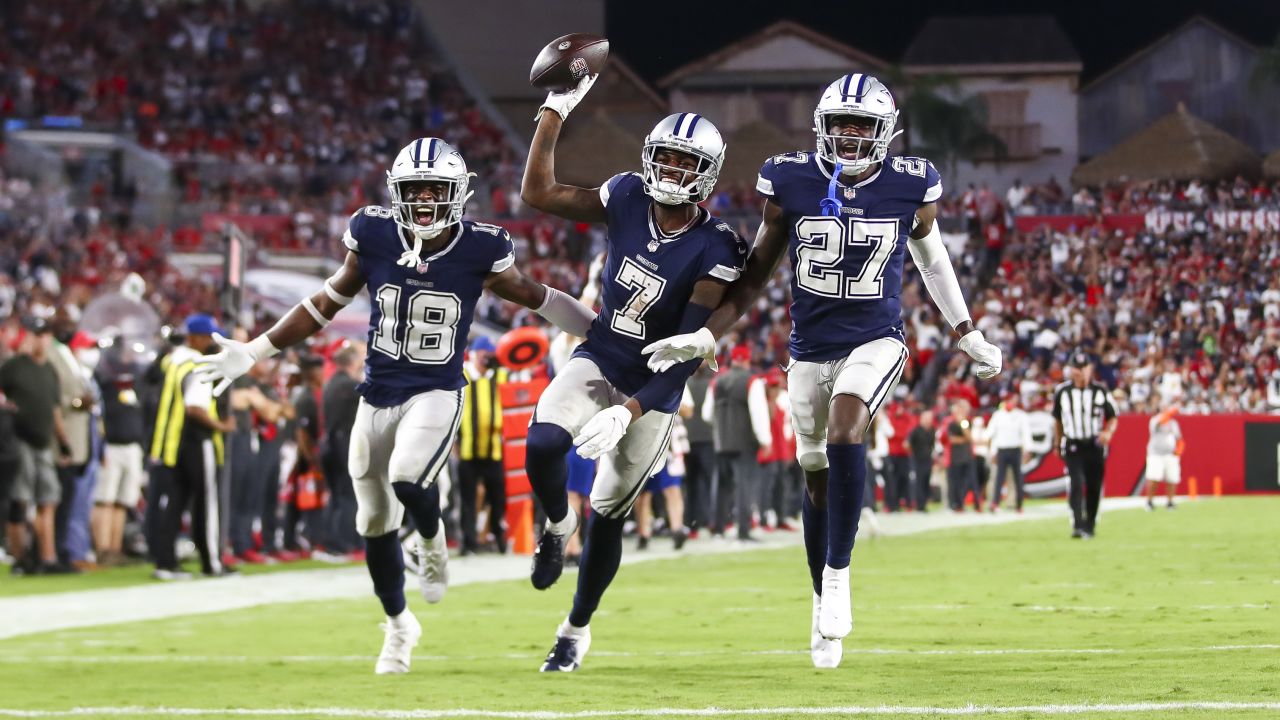 Dallas Cowboys cornerback Trevon Diggs (7) celebrates intercepting