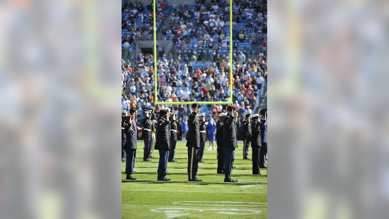 Salute to Service military appreciation logo is prominently displayed on  the goalpost during an NFL football game between the Tennessee Titans and  the Chicago Bears Sunday, Nov. 8, 2020, in Nashville, Tenn.