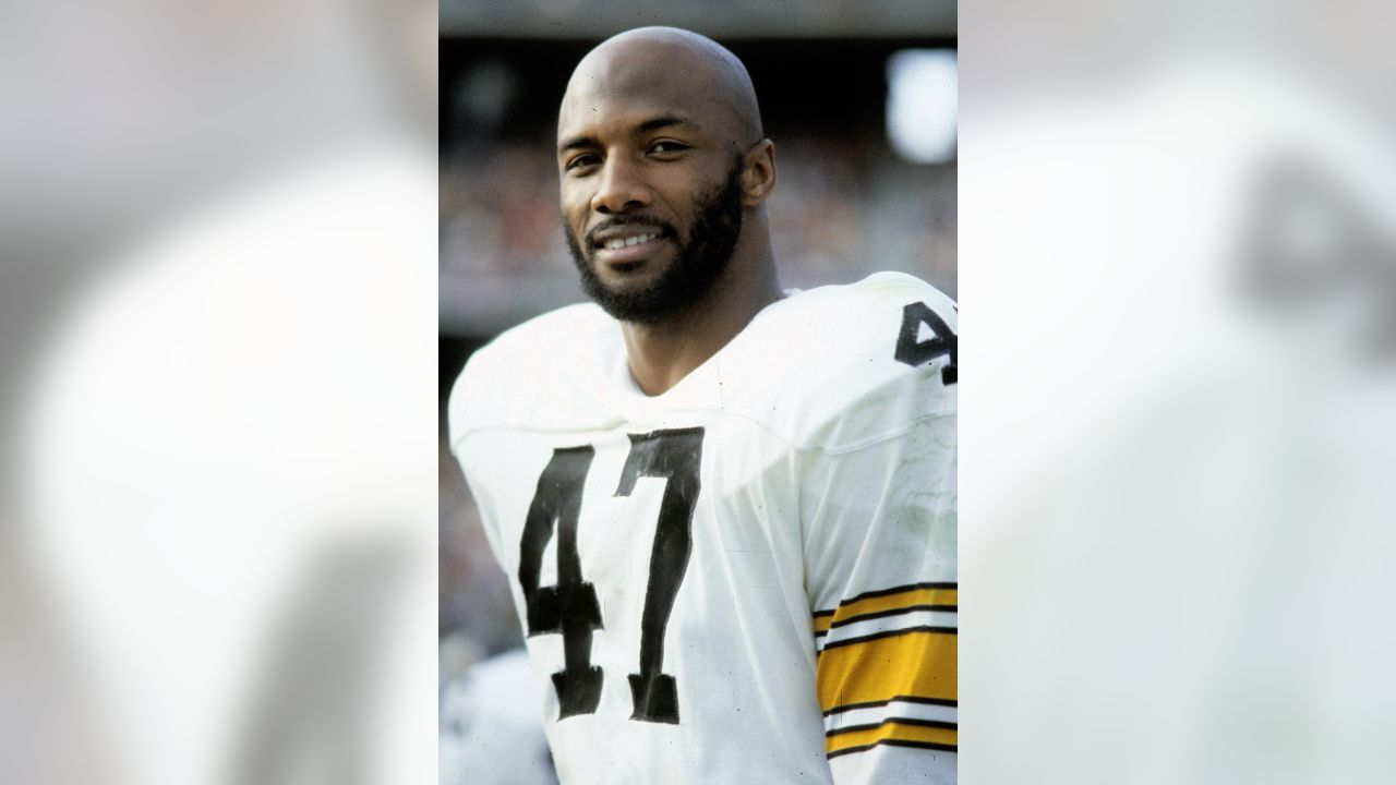 Pittsburgh Steelers' Mel Blount tries to keep Cincinnati Bengals' Don Bass  from seeing the action as Blount grabs the 22 yard touchdown pass  regardless of Blount's attempts, Sept. 21, 1980. (AP Photo