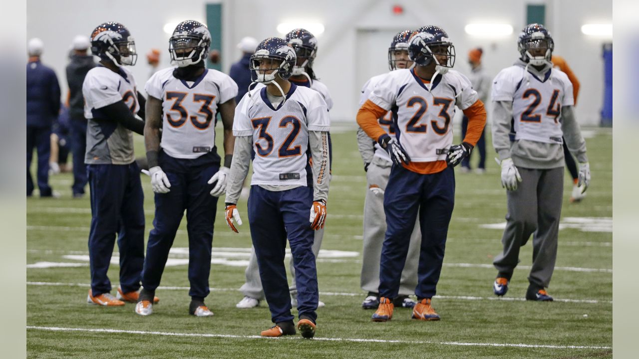 The Denver Broncos' Champ Bailey speaks to the media on board the  Cornucopia Majesty ship docked in Jersey City, N.J., on Wednesday, Jan. 29,  2014. The Broncos are preparing to face the