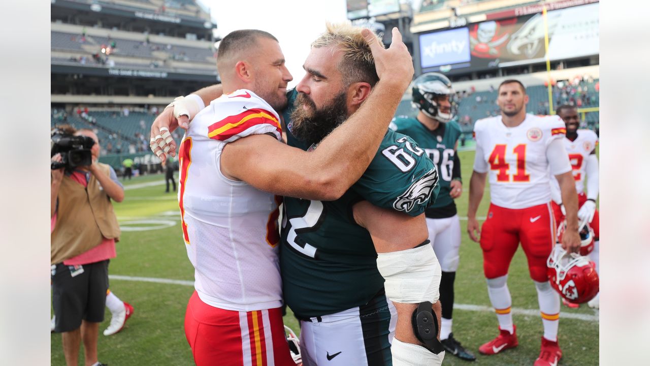 Travis, Jason Kelce Hug After Chiefs Beat Eagles in Super Bowl