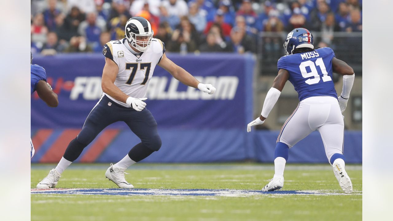 Los Angeles Rams offensive tackle Andrew Whitworth (77) walks back