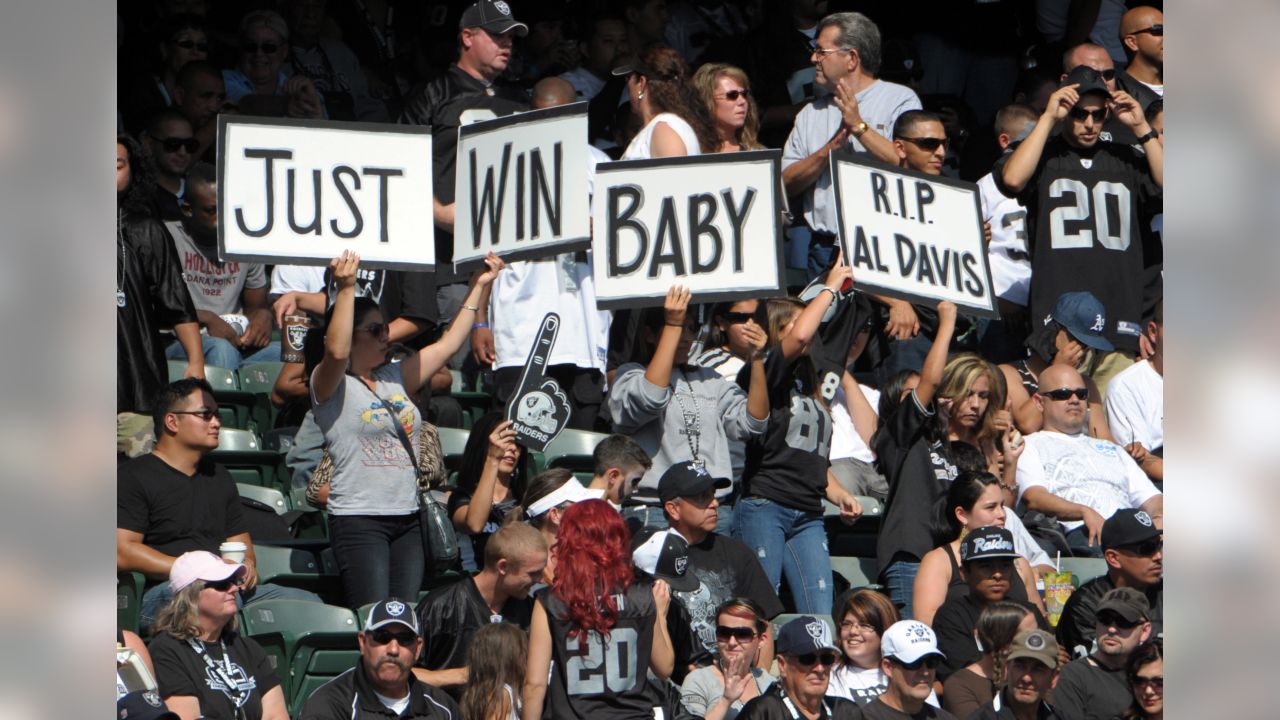 Oct. 16, 2011 - Oakland, California, U.S - Raiders fans hold up a shield  dedicated to Al Davis before the NFL game between the Cleveland Browns and  the Oakland Raiders at O.co