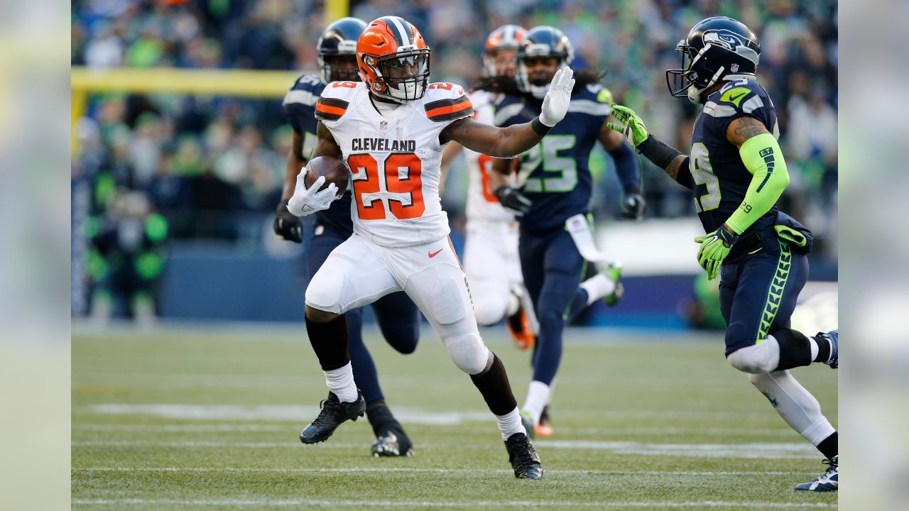 Defensive back Johnson Bademosi of the Cleveland Browns runs by