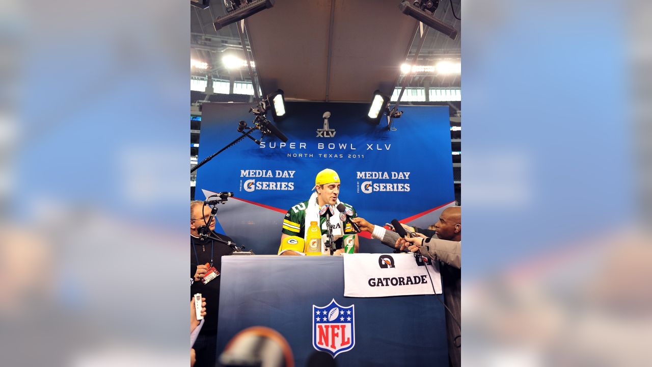 Green Bay Packers linebacker A.J. Hawk wears a Cheesehead hat during  Media Day for Super Bowl XLV in Arlington, Texas on February 1, 2011. The  Pittsburgh Steelers will take on the Green