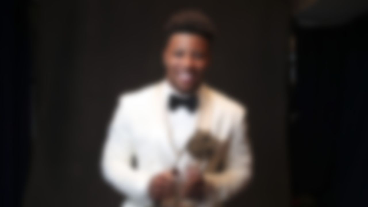 New York Giants running back Saquon Barkley poses for a photo backstage after winning the AP Offensive Rookie of the Year award during the NFL Honors awards show, Saturday, Feb. 2, 2019 in Atlanta.