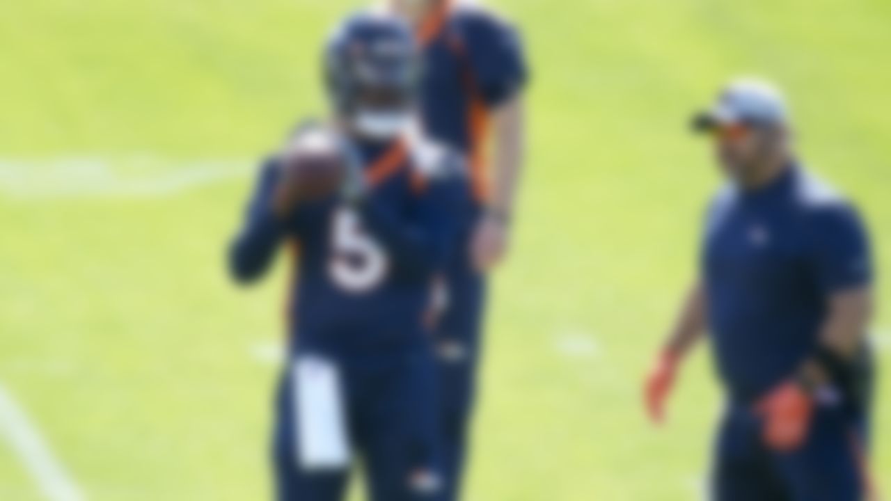 Denver Broncos quarterback Teddy Bridgewater (5) takes part in a drill at an NFL organized training activity session at the team's headquarters Tuesday, June 1, 2021, in Englewood, Colo.