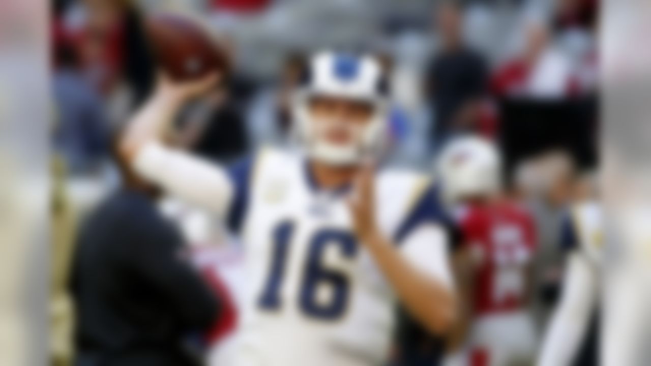 Los Angeles Rams quarterback Jared Goff (16) warms up prior to an NFL football game against the Arizona Cardinals, Sunday, Dec. 1, 2019, in Glendale, Ariz. (AP Photo/Rick Scuteri)