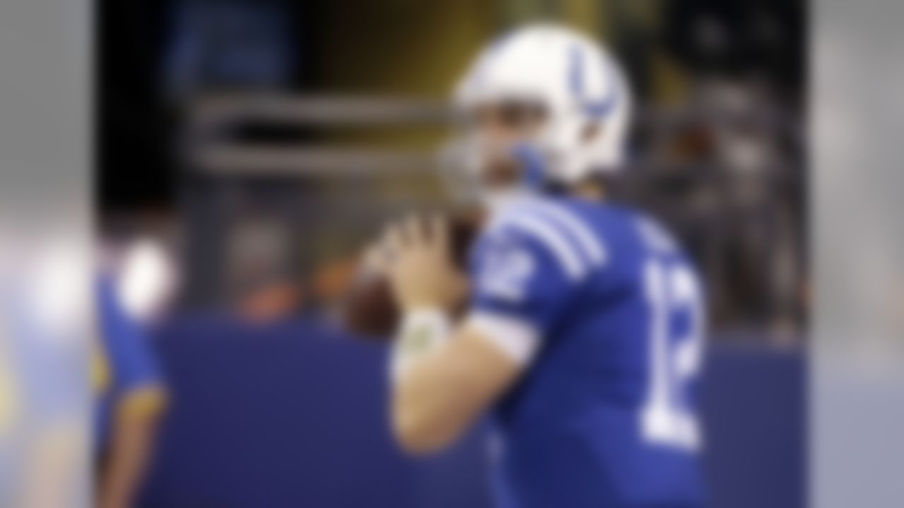 Indianapolis Colts quarterback Andrew Luck (12) throws before an NFL football game against the New York Jets in Indianapolis, Monday, Sept. 21, 2015. (AP Photo/AJ Mast)