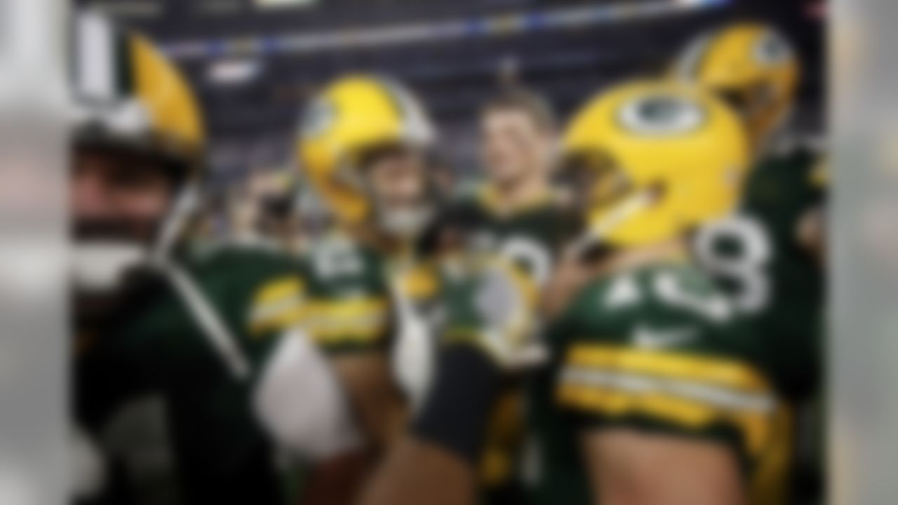 Green Bay Packers kicker Mason Crosby (2) celebrates after kicking the winning touchdown following the NFL Divisional Round Playoff football game against the Dallas Cowboys on Sunday, Jan. 15, 2017 in Arlington, TX. (Ric Tapia/NFL)