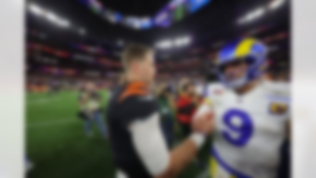 Cincinnati Bengals quarterback Joe Burrow (9) and Los Angeles Rams quarterback Matthew Stafford (9) meet after the Super Bowl LVI on Sunday, February 13, 2022 in Inglewood, California. (Ryan Kang/NFL)