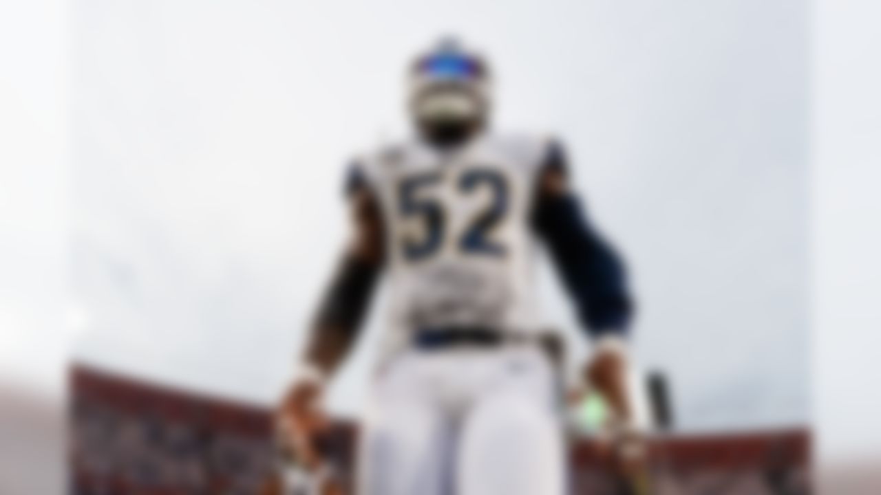 Los Angeles Rams inside linebacker Alec Ogletree (52) looks on during warm ups prior to an NFL football NFC wild card playoff game against the Atlanta Falcons, Saturday, Jan. 6, 2018, in Los Angeles. (Ryan Kang/NFL)