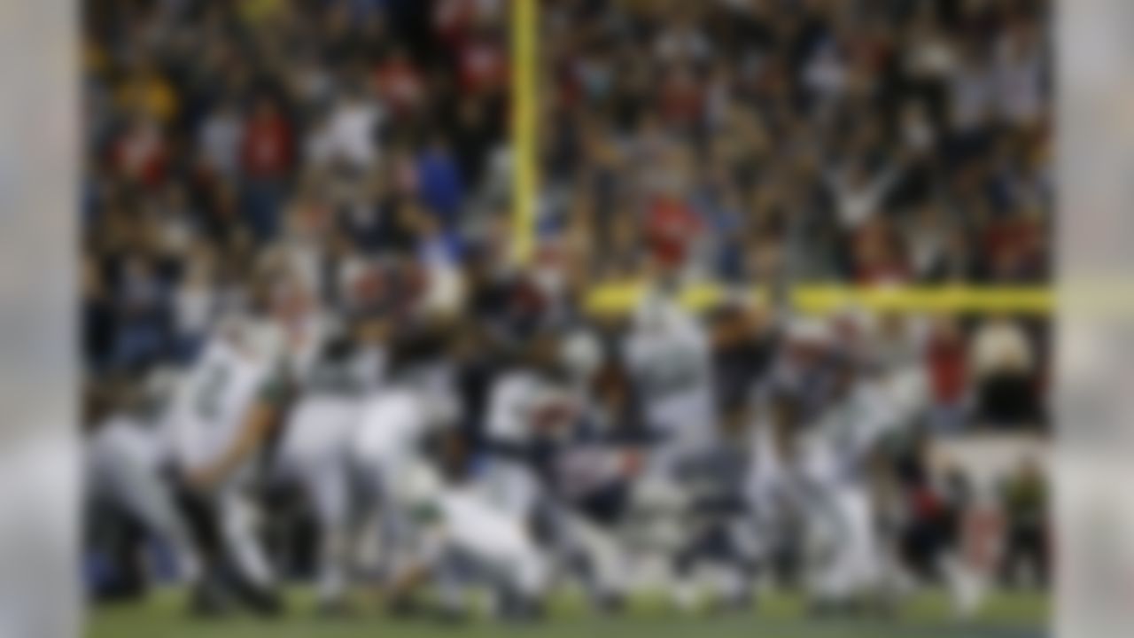 The New England Patriots special teams unit blocks a field goal attempt by the New york Jets during an NFL football game at Gillette Stadium on Thursday October 16, 2014 in Foxborough, Massachusetts. New England won 27-25. (Aaron M. Sprecher/NFL)