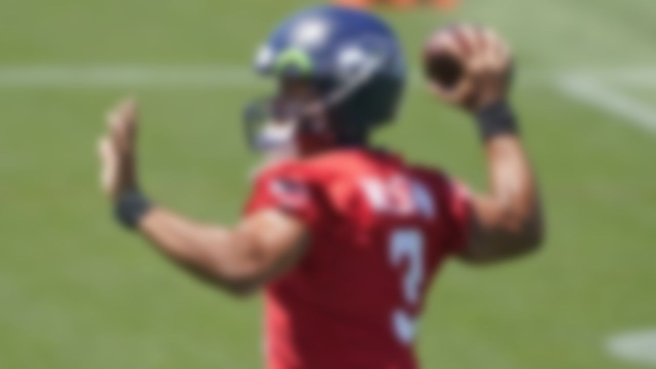 Seattle Seahawks quarterback Russell Wilson throws a pass during NFL football practice Wednesday, June 16, 2021, in Renton, Wash.