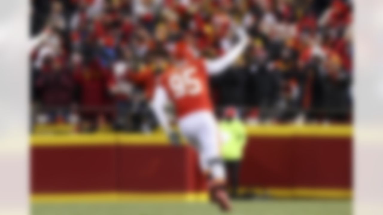 Kansas City Chiefs defensive tackle Chris Jones (95) celebrates during an NFL Conference Championship playoff game against the Cincinnati Bengals on Sunday, January 29, 2023 in Kansas City, Missouri.