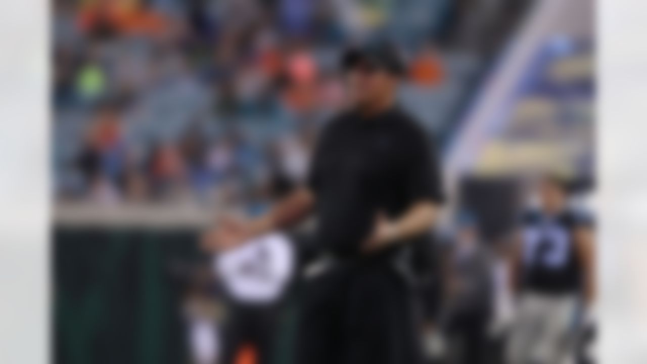 Carolina Panthers head coach Ron Rivera on the sideline during an NFL football game against the Jacksonville Jaguars at EverBank Field, Thursday, August 24, 2017 in Jacksonville, Fla. The Panthers defeated the Jaguars 24-23. (Perry Knotts/NFL)