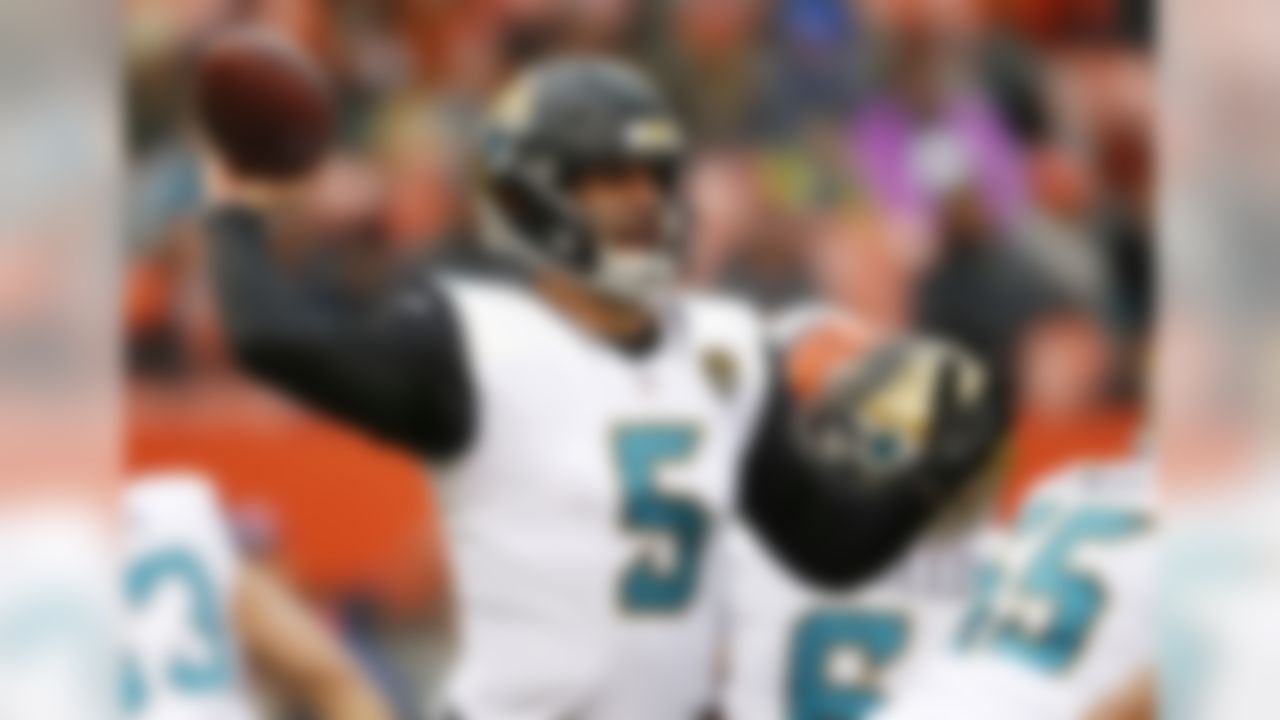 Jacksonville Jaguars quarterback Blake Bortles throws in the first half during an NFL football game against the Cleveland Browns, Sunday, Nov. 19, 2017, in Cleveland. (AP Photo/Ron Schwane)