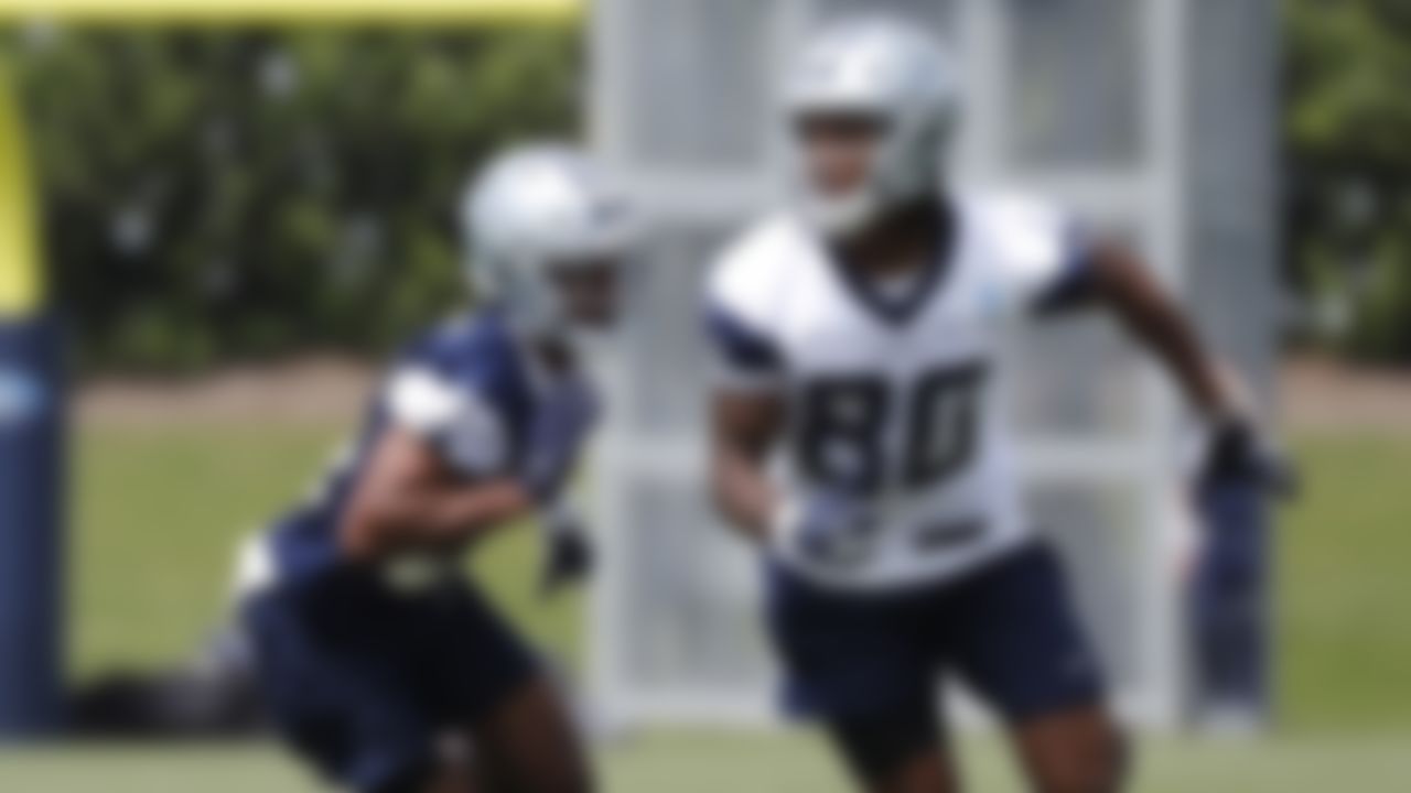 Dallas Cowboys receiver Brandon Smith (80) looks for a pass as cornerback Kelvin Joseph (24) defends during the team's NFL football rookie minicamp Saturday, May 15, 2021 in Frisco, Texas.