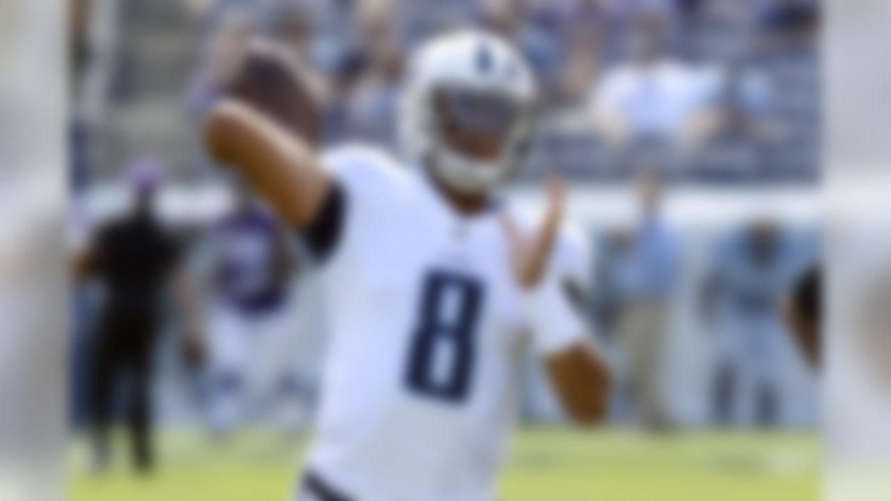 Tennessee Titans quarterback Marcus Mariota warms up before an NFL football game against the Minnesota Vikings Sunday, Sept. 11, 2016, in Nashville, Tenn. (AP Photo/Mark Zaleski)