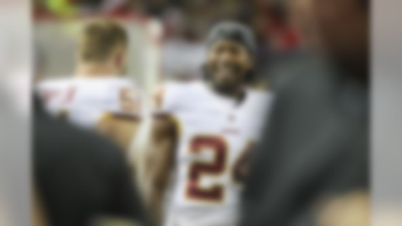 Washington Redskins defensive back Josh Norman (24) smiles on the sideline during a preseason football game against the Atlanta Falcons at the Georgia Dome, August 11th, 2016 in Atlanta. (Logan Bowles/NFL)