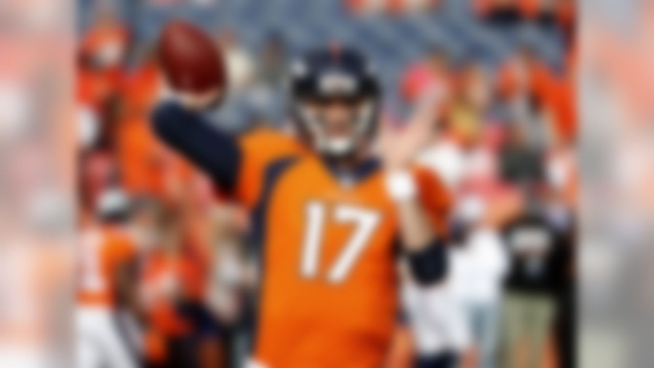 Denver Broncos quarterback Brock Osweiler (17) warms up prior to an NFL football game against the Cincinnati Bengals, Sunday, Nov. 19, 2017, in Denver. (AP Photo/Jack Dempsey)