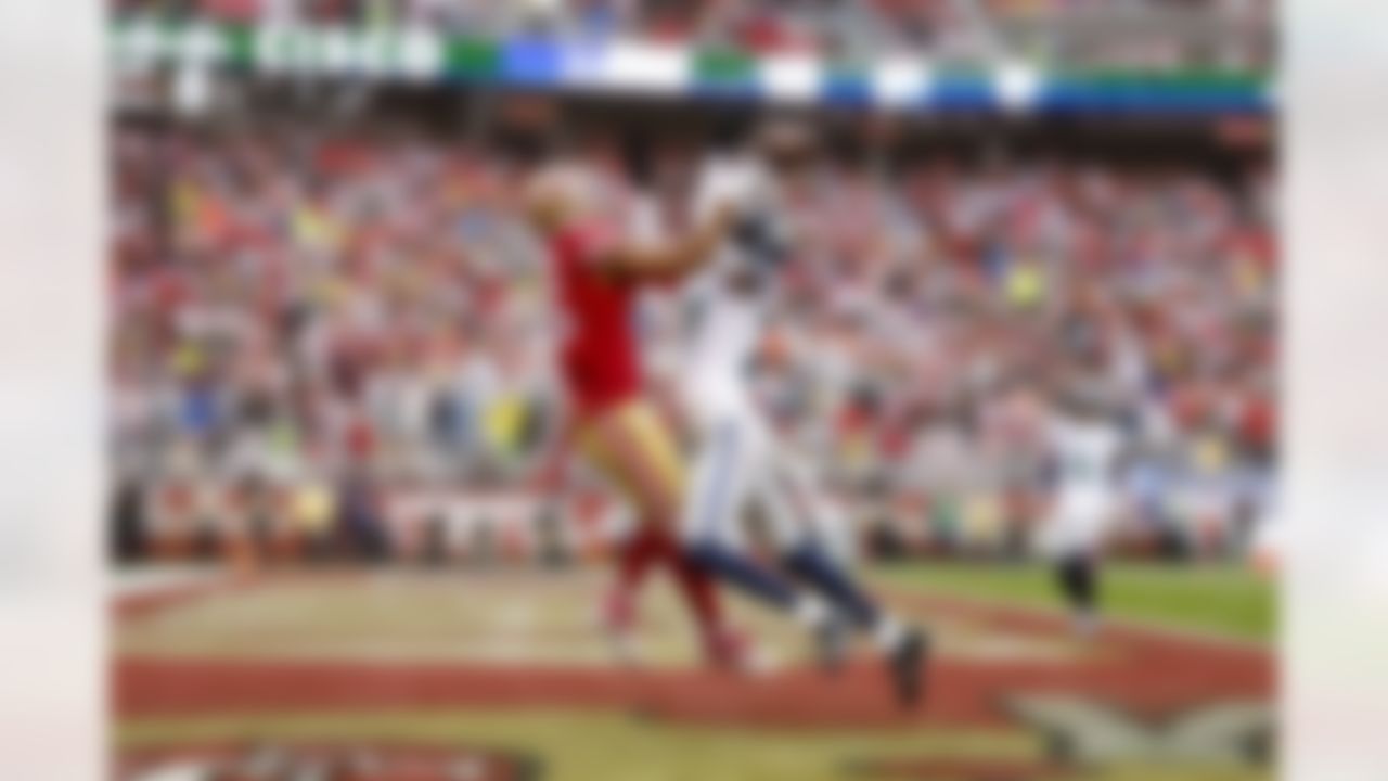 San Francisco 49ers wide receiver Jauan Jennings (15) goes up for a catch in the end zone during an NFL Super Wild Card Weekend playoff game against the Seattle Seahawks on Saturday, January 14, 2023 in Santa Clara, California.