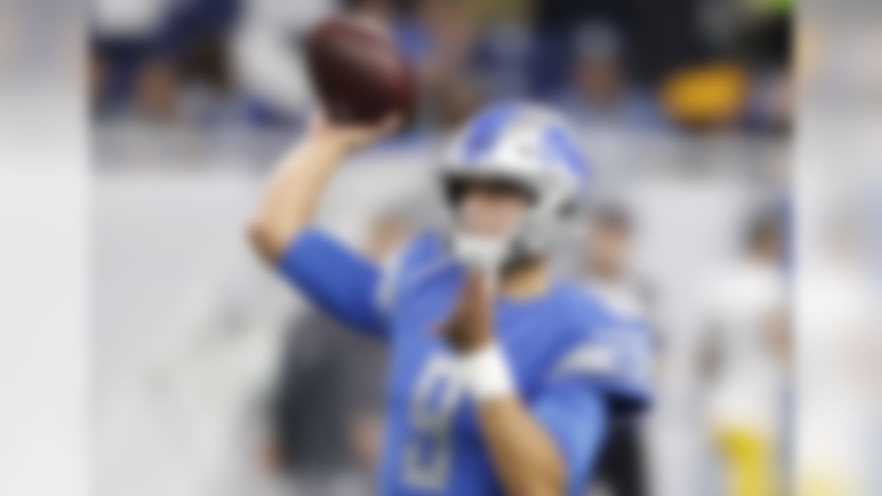 Detroit Lions quarterback Matthew Stafford throws during warms up of an NFL football game, Sunday, Oct. 7, 2018, in Detroit. (AP Photo/Carlos Osorio)