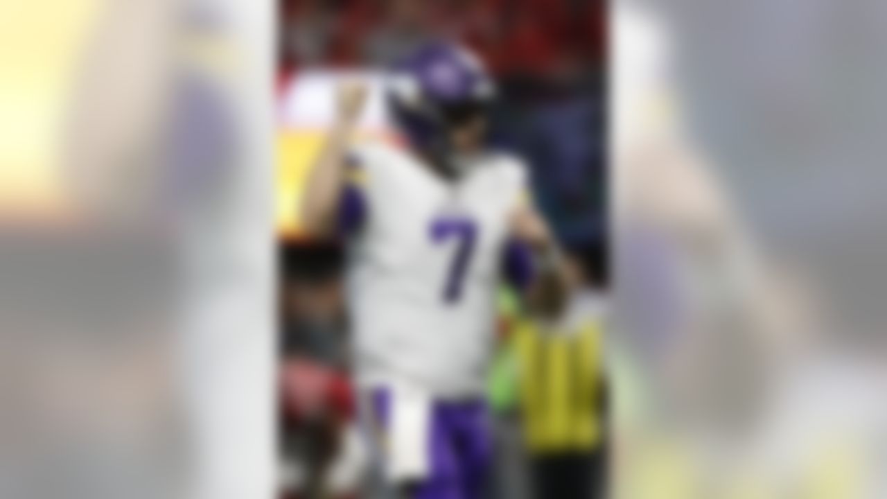 Minnesota Vikings quarterback Case Keenum (7) celebrates a touchdown during an NFL regular season football game against the Atlanta Falcons on Dec. 3, 2017 in Atlanta. (Ric Tapia/NFL)