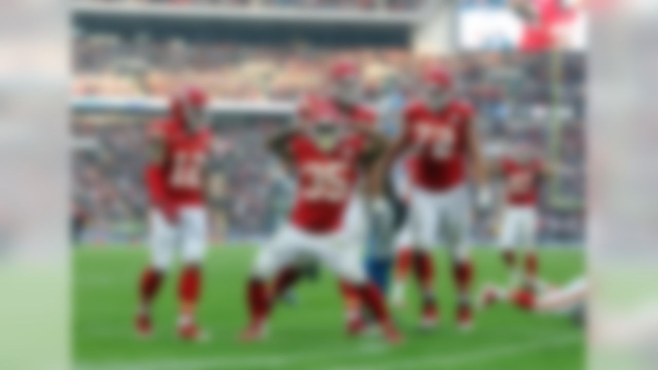 Charcandrick West of Kansas City Chiefs celebrates after his touchdown in the second quarter in the game between The Detroit Lions and Kansas City Chiefs in the NFL International Series at Wembley Stadium in London on Sunday, Nov 1. (Sean Ryan/NFL)