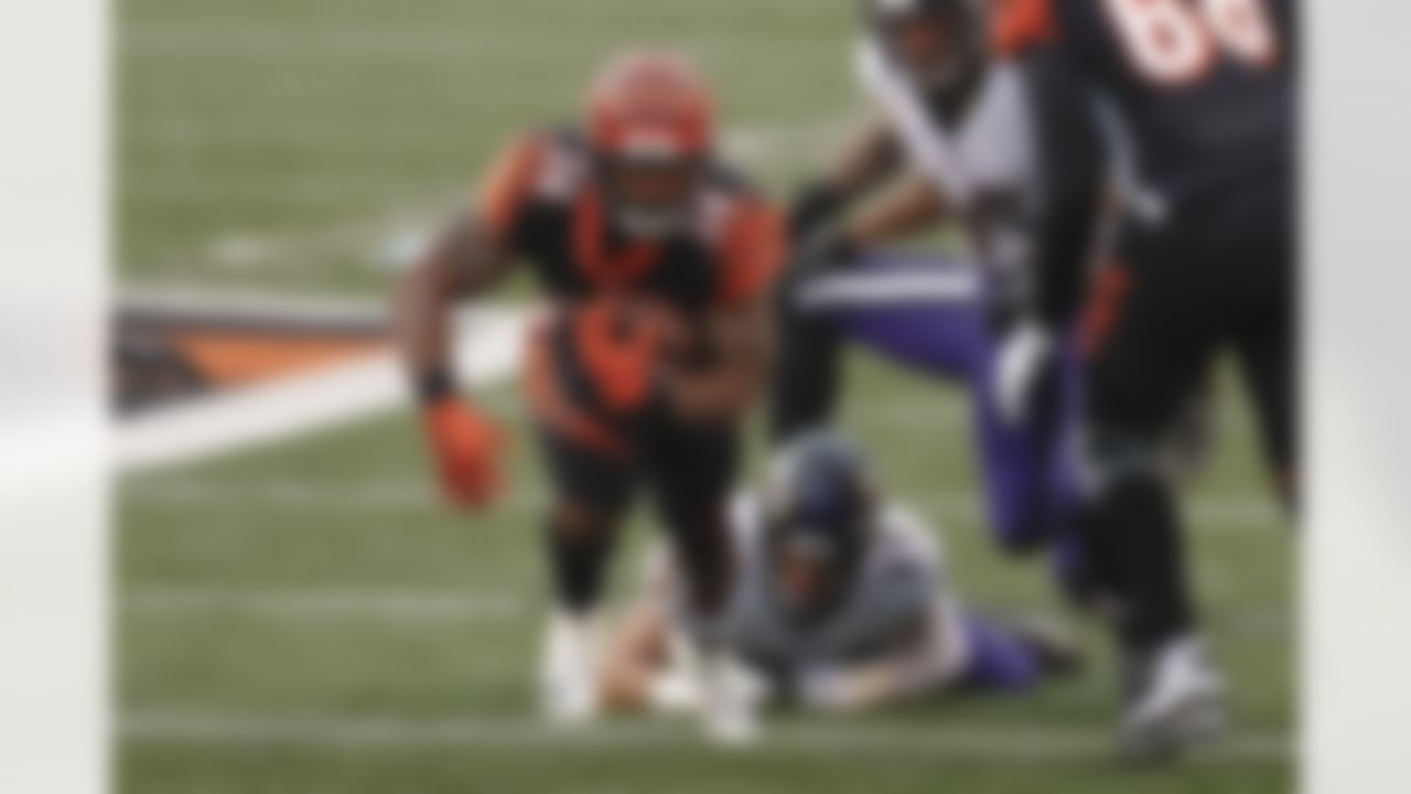 Cincinnati Bengals running back Samaje Perine (34) tries to gain yardage past Baltimore Ravens linebacker Kristian Welch (57) during the second half of an NFL football game, Sunday, Jan. 3, 2021, in Cincinnati.