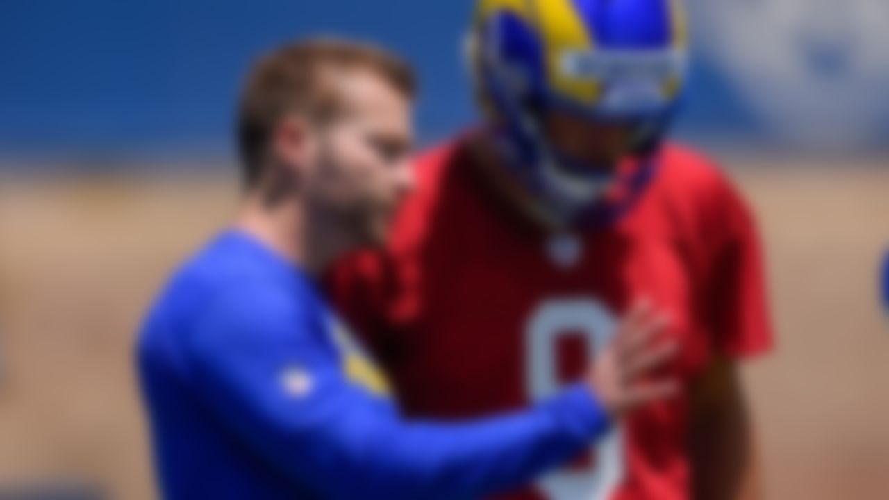 Los Angeles Rams head coach Sean McVay, left, speaks with Matthew Stafford in Thousand Oaks, Calif., Thursday, May 27, 2021.
