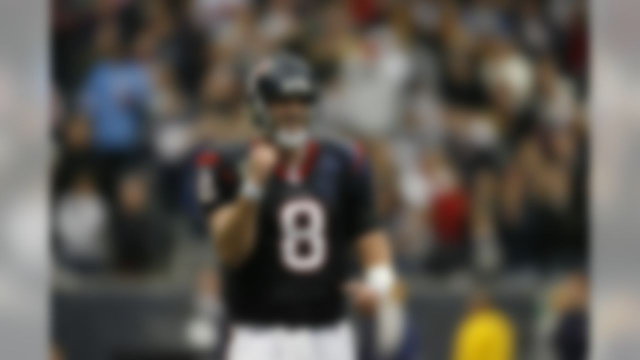 HOUSTON, TX - JANUARY 03:  Quarterback Matt Schaub #8 of the Houston Texans celebrates after his team scored a touchdown against the New England Patriots at Reliant Stadium on January 3, 2010 in Houston, Texas. The Texans defeated the Patriots 34-27. (Aaron M. Sprecher/NFL.com)