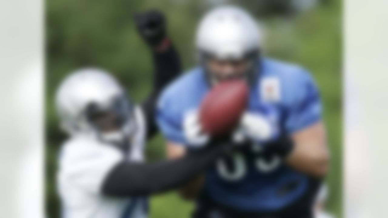 Detroit Lions safety Erik Coleman, left, knocks a passed ball away from tight end Will Heller, right, during an NFL football training camp Saturday, July 28, 2012, in Allen Park, Mich. (AP Photo/Duane Burleson)
