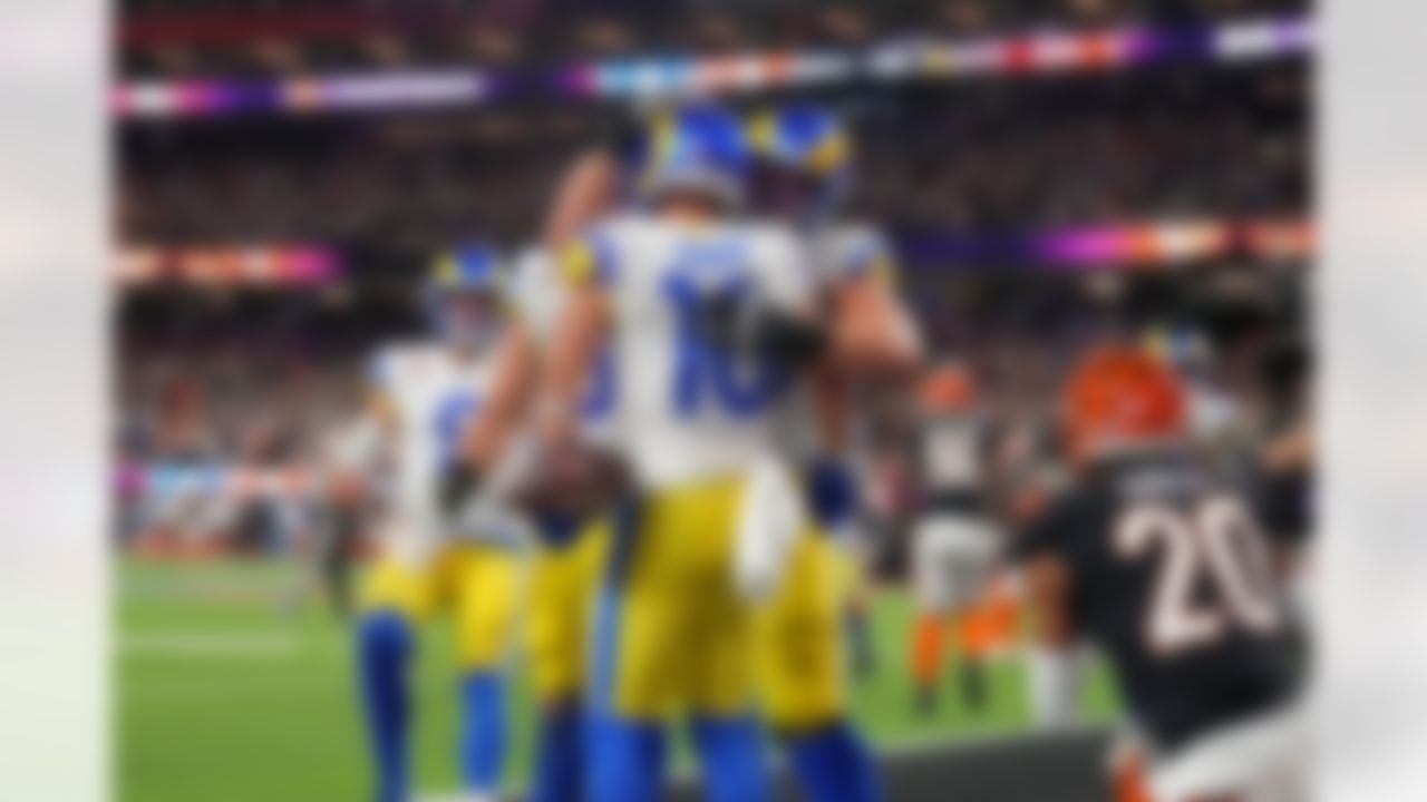 Los Angeles Rams offensive guard Austin Corbett (63) and wide receiver Cooper Kupp (10) celebrate a touchdown during Super Bowl LVI on Sunday, February 13, 2022 in Inglewood, California.