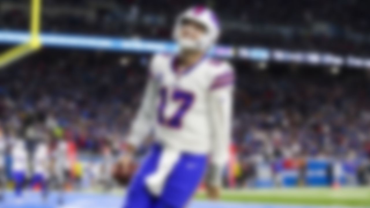 Buffalo Bills quarterback Josh Allen (17) celebrates after running with the ball for a touchdown during an NFL football game against the Detroit Lions on Thursday, November 24, 2022 in Detroit, Michigan.