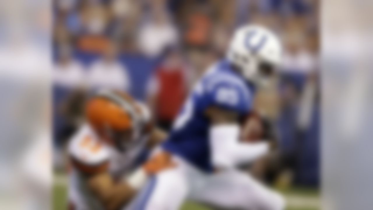 Cleveland Browns middle linebacker Joe Schobert (53) tackles Indianapolis Colts tight end Brandon Williams (85) during the first half of an NFL football game in Indianapolis, Sunday, Sept. 24, 2017. (AP Photo/Darron Cummings)