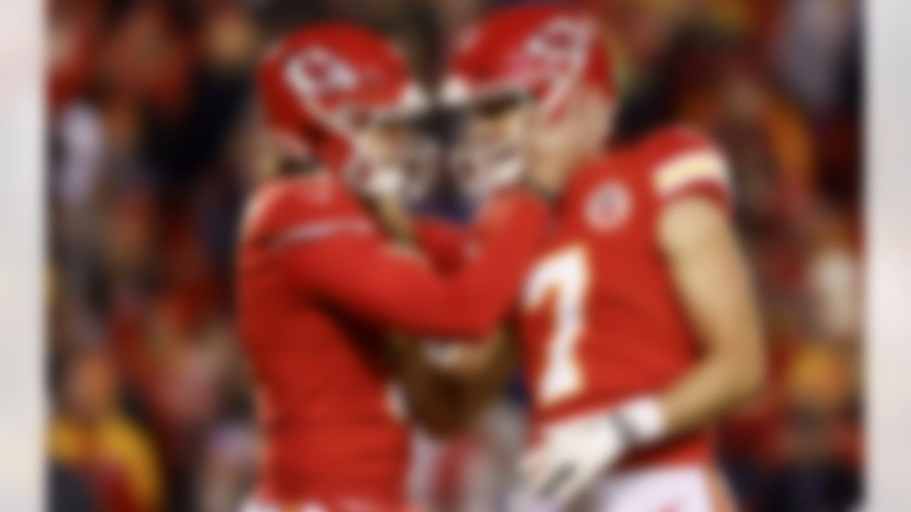 Kansas City Chiefs kicker Harrison Butker (7) and punter Tommy Townsend (5) celebrate after making a field goal during an NFL football game against the New York Giants on Monday, November 1, 2021 in Kansas City, Missouri.