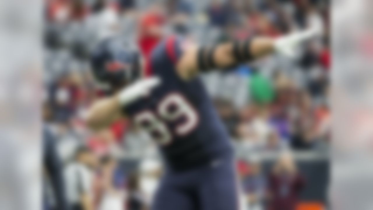 Houston Texans defensive lineman J.J. Watt (99) strikes a pose during an AFC Wild Card game against the Kansas City Chiefs on Saturday, Jan. 9, 2016, in Houston, Texas. The Chiefs won the game, 30-0. (Greg Trott via AP)