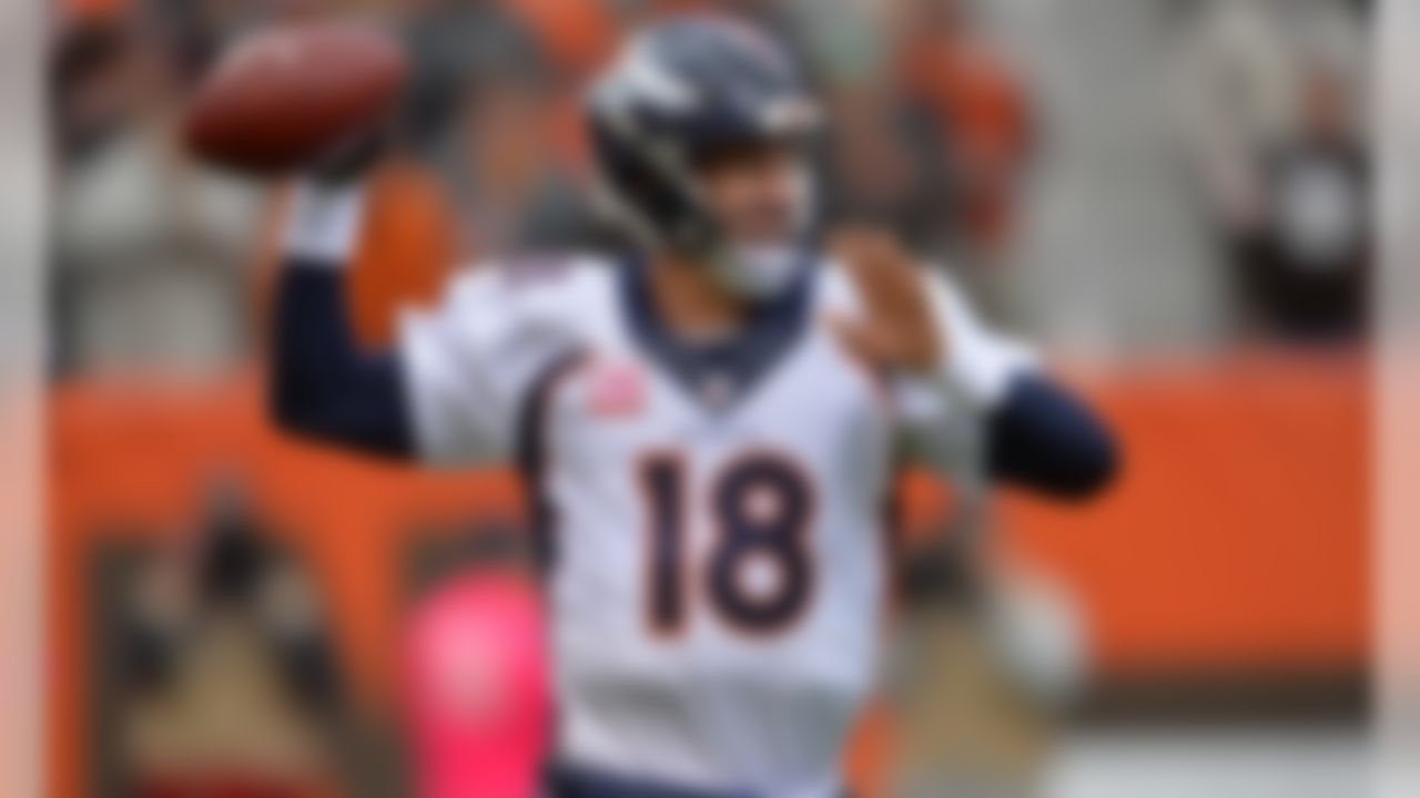 Denver Broncos quarterback Peyton Manning throws during an NFL football game against the Cleveland Browns, Sunday, Oct. 18, 2015, in Cleveland. (AP Photo/David Richard)