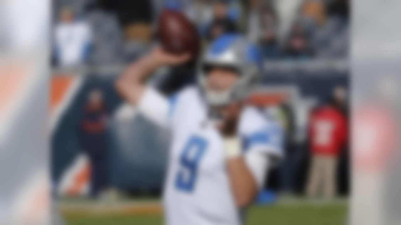Detroit Lions quarterback Matthew Stafford (9) warms up before an NFL football game against the Chicago Bears, Sunday, Nov. 19, 2017, in Chicago. (AP Photo/Charles Rex Arbogast)