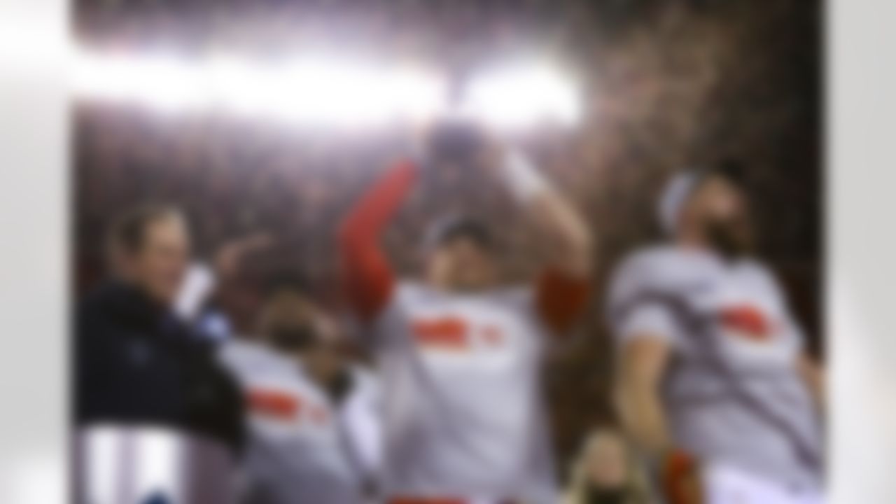 Kansas City Chiefs quarterback Patrick Mahomes (15) celebrates with the AFC trophy after an NFL Conference Championship playoff game against the Cincinnati Bengals on Sunday, January 29, 2023 in Kansas City, Missouri.