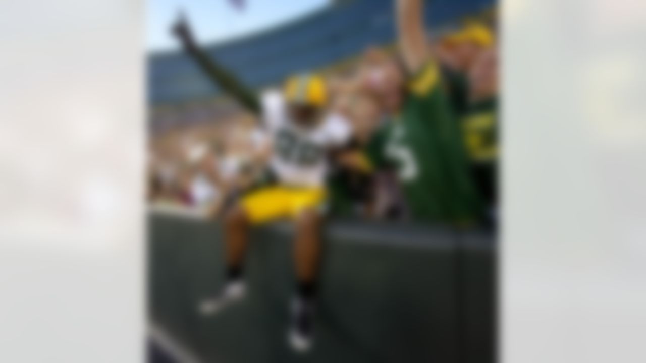 Green Bay Packers' Jermichael Finley celebrates a touchdown during an NFL football intrasquad scrimmage Saturday, Aug. 7, 2010, in Green Bay, Wis. (AP Photo/Mike Roemer)