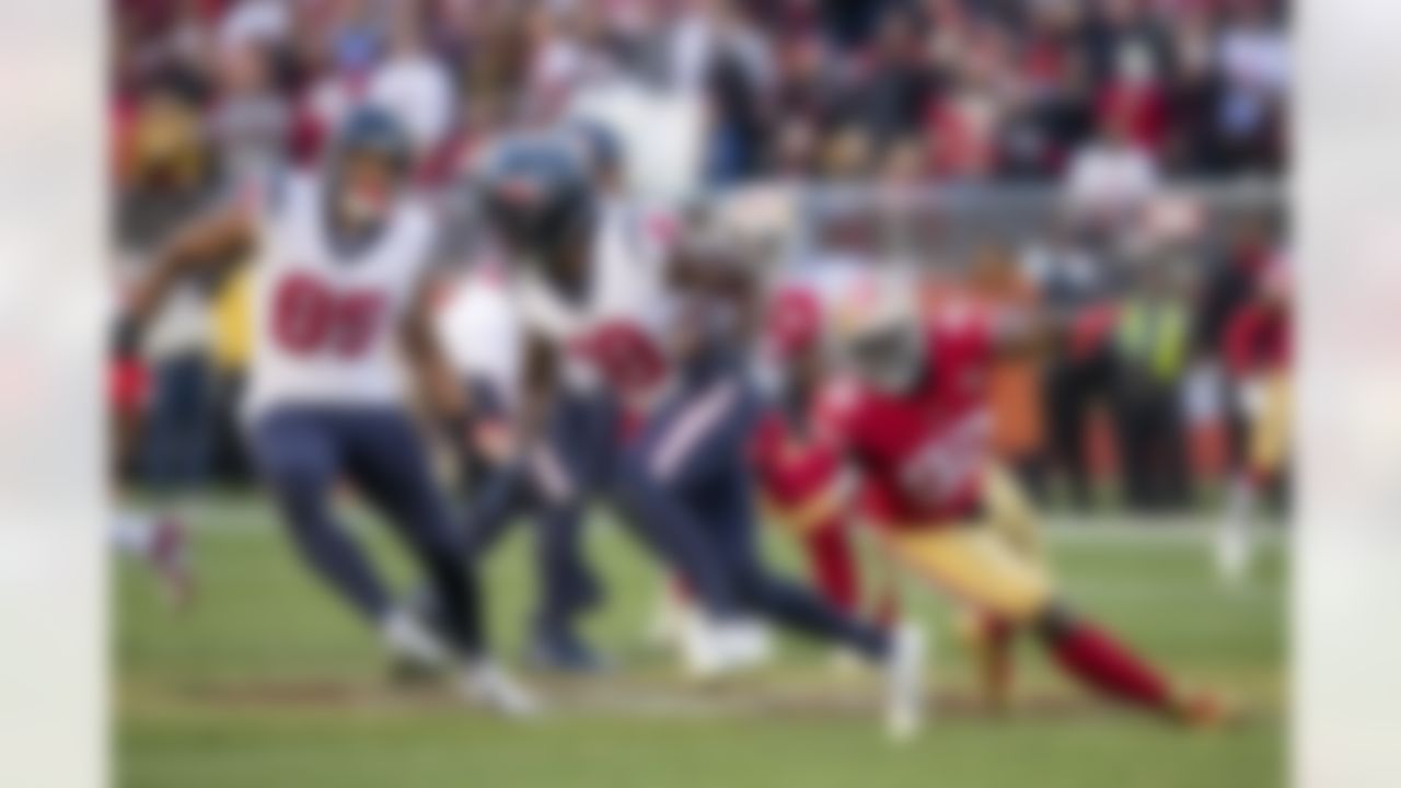 Wide receiver (18) Chris Conley of the Houston Texans runs the ball against the San Francisco 49ers in an NFL football game, Sunday, Jan. 2, 2022, in Santa Clara, CA. 49ers defeated the Texans 23-7.