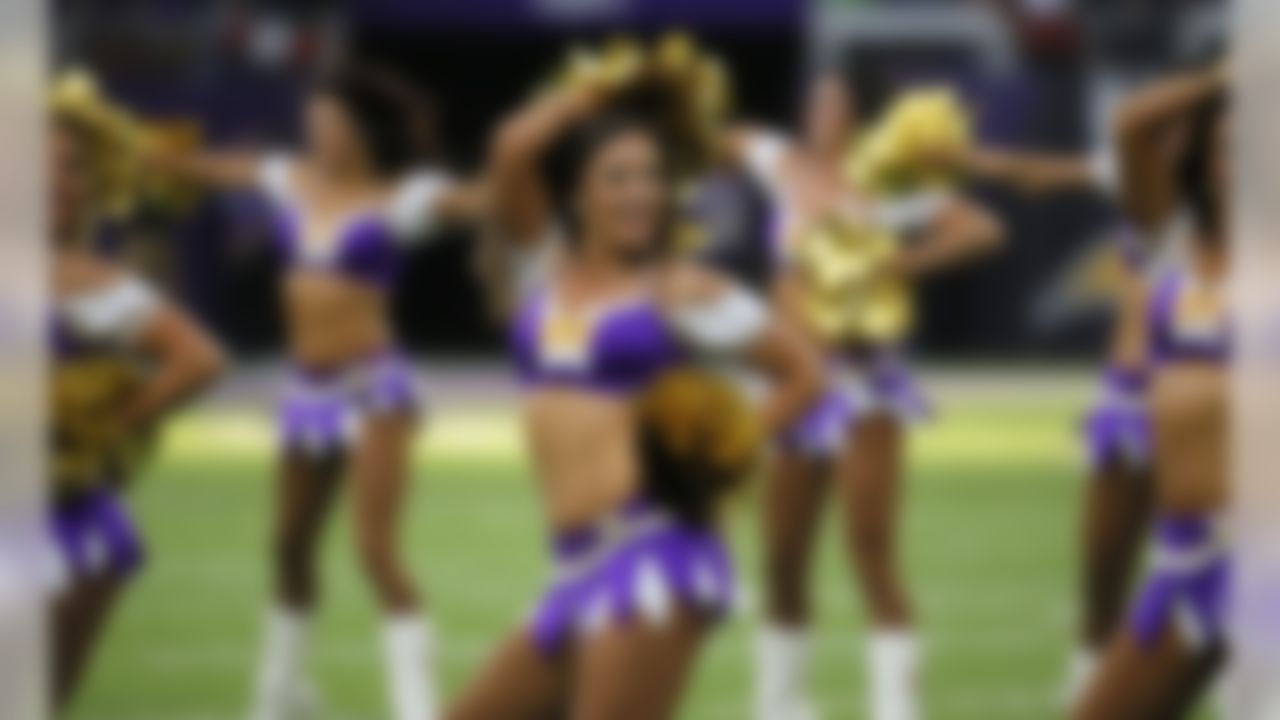 Minnesota Vikings cheerleaders perform before an NFL football game against the New Orleans Saints, Monday, Sept. 11, 2017, in Minneapolis.