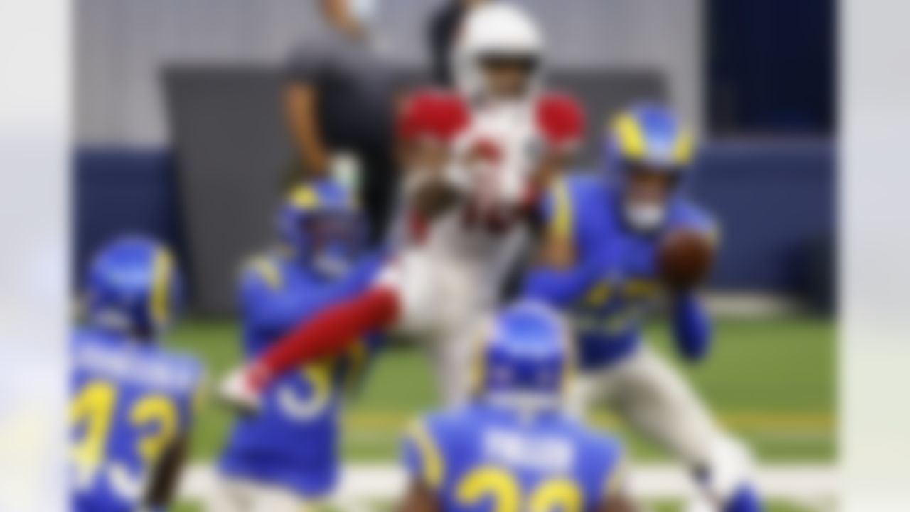 Los Angeles Rams cornerback Troy Hill (22) breaks up a pass intended for Arizona Cardinals wide receiver Trent Sherfield (16) during an NFL football game on Sunday, January 3, 2021 in Inglewood, California.