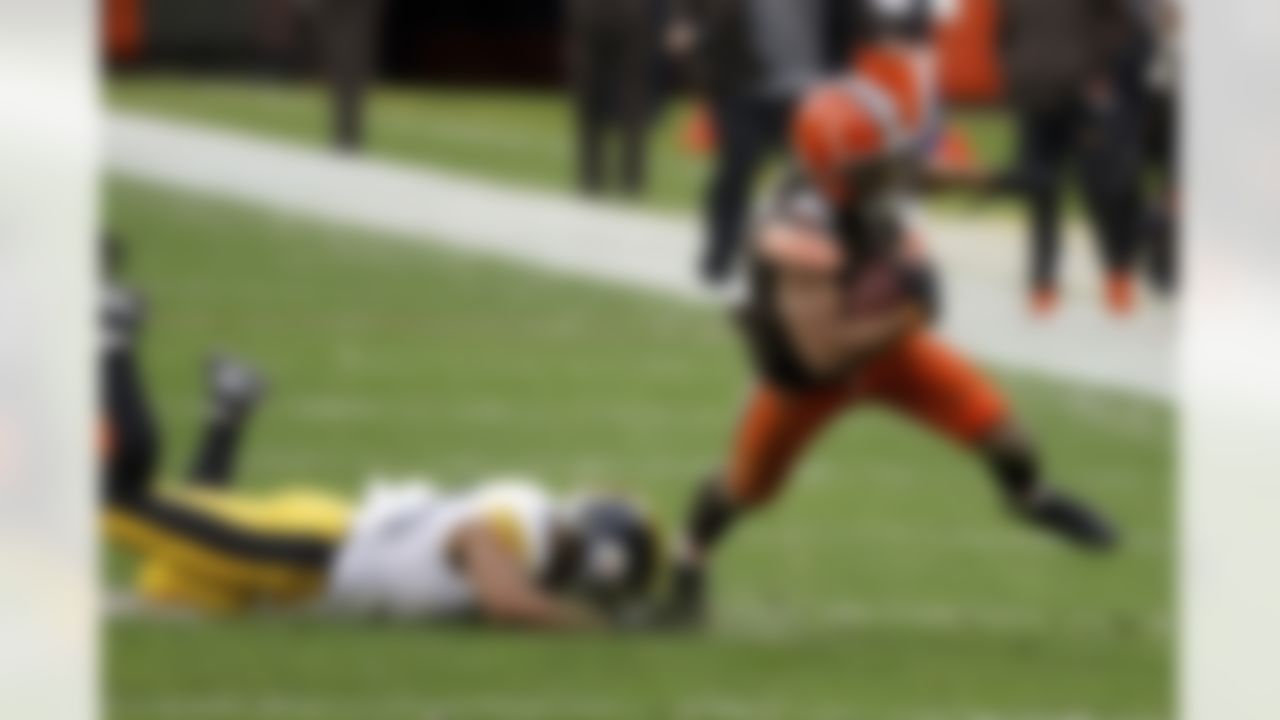 Pittsburgh Steelers running back Benny Snell Jr. (24) tackles Cleveland Browns cornerback M.J. Stewart (36) while running back an interception during an NFL football game on Sunday, Jan. 3, 2021, in Cleveland. Cleveland defeated Pittsburgh 24-22.