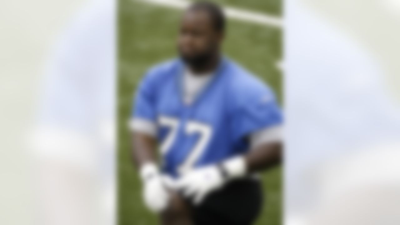 ALLEN PARK, MI - MAY 03: Gosder Cherilus #77 of the Detroit Lions looks on during rookie training camp at the Detroit Lions Headquarters and Training Facility on May 3, 2008 in Allen Park, Michigan. (Photo by Gregory Shamus/Getty Images)