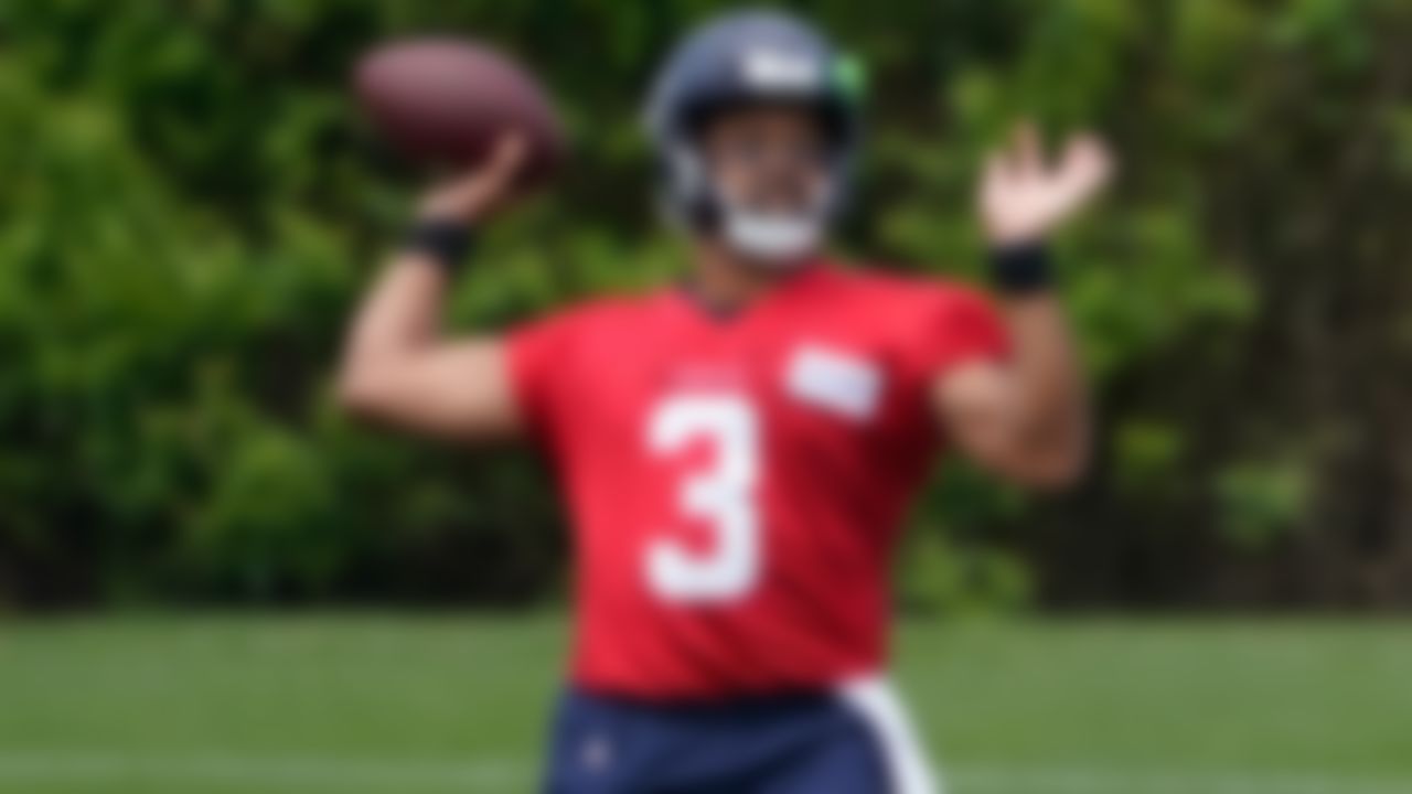 Seattle Seahawks quarterback Russell Wilson passes during on Tuesday, June 8, 2021, in Renton, Wash.